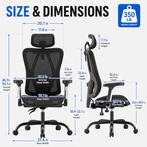 Ergonomic Office Chair, Full Mesh Desk Chair with 5D Armrests | Adjustable Lumbar Support & Headrest, 135° Stepless Reclining Backrest, Holds 350 LBS Home Task Computer Chair