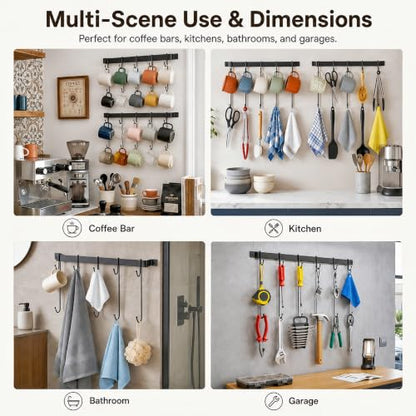 17" Coffee Mug Hook Rack Wall Mounted Set of 2 | Black Metal Tea Cup Holder Hanger Organizer 10 Hooks, Kitchen Rail Utensil Rack for Dining Room Coffee Bar