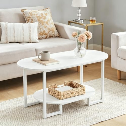 HOOBRO Coffee Table for Living Room, Oval Small Coffee Table with 2-Tier Open Storage Shelf, Industrial Cocktail Tea Table, Wooden Desktop Center Table, Farmhouse, Home Office, White WW09KF01 - color: White