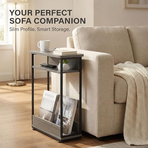 Narrow Side Table,3-Tier Slim End Table with Storage Shelf,Modern Sofa Table Thin Side Table for Narrow and Small Spaces, Skinny Bedside Table Small Nightstand with Magazine Rack Space Saving/Grey - color: Grey