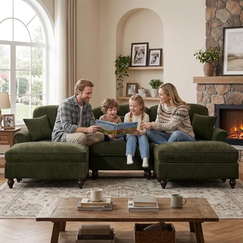 Modular Sectional Sofa Couch, Comfy Chenille Sofa with Removable Ruffled Skirt, Flared Armrests, Sturdy Legs, Convertible Sectional for Living Room, Bedroom, Apartment (Green) - color: Green, size: 107.1 Inch U