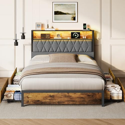 WLIVE Full Size Bed Frame with 4 Storage Drawers, Upholstered Bed Frame with Headboard, Platform Bed with LED Lights and Charging Station, 1500LBS Mattress Foundation, No Box Spring Needed