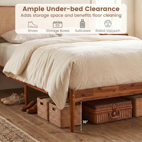 Giantex Wooden Bed Frame Full Size, Rattan Headboard Platform Bed (Full) | Wooden Slat Support, Acacia Wood Mattress Foundation No Box Spring Needed - size: Full