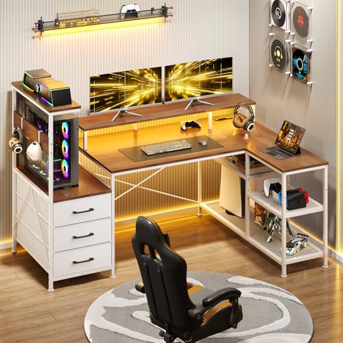 L Shaped Gaming Desk with Drawers & Storage Shelves for Game, Home Office | Corner Gaming Desk with Power Outlets & LED Light, Reversible Computer Desk with Monitor Stand & Hooks, Brown & White - color: Antique White