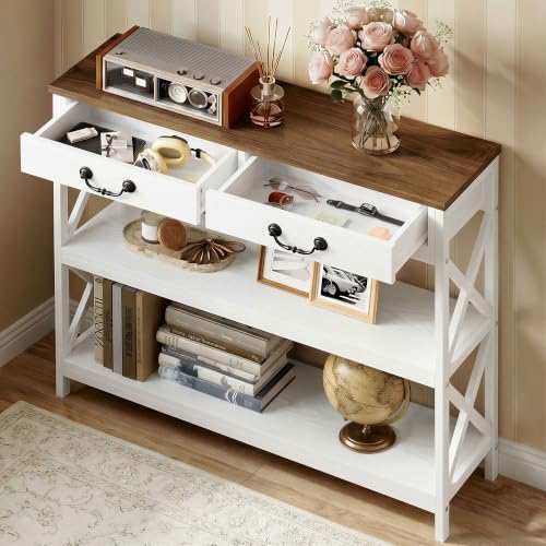 IRONCK 39.4" Farmhouse Console Table with Storage, White/Walnut | Narrow Entryway Table with 2 Drawers & 2 Shelves, Industrial Wood Sofa Table for Living Room/Hallway - size: 39.4inch