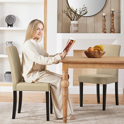 Yaheetech Dining Chairs Set of 2 Upholstered Kitchen Chairs Khaki | Fabric High Back Sillas De Comedor, Solid Wood Legs, Adjustable Footpads, Modern Armless Parson Chairs for Dining Room - color: Khaki, size: Set of 2