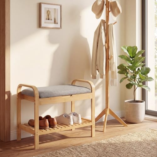 GOFLAME Bamboo Shoe Bench with Storage, 2-Tier Entryway Bench with Flip-Top Storage and Padded Seat Cushion, Shoe Rack Organizer with Shelf for Hallway, Bedroom, Living Room - style: With Storage - Small Size