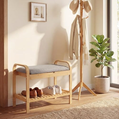 GOFLAME Bamboo Shoe Bench with Storage, 2-Tier Entryway Bench with Flip-Top Storage and Padded Seat Cushion, Shoe Rack Organizer with Shelf for Hallway, Bedroom, Living Room - style: With Storage - Small Size