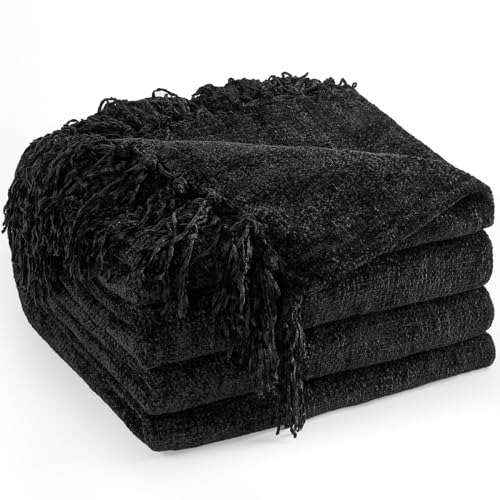 Chenille Throw Blanket for Couch 60" x 80" Twin, Black | Soft Cozy Luxury Throws with Fringe Tassel, Living Room Bed Sofa Chair Cover, Lightweight Knitted Boho Blankets Home Decor - color: Black, size: 60x80 inch