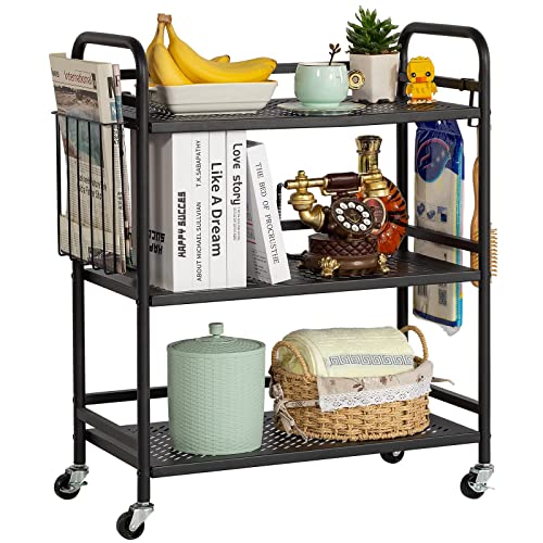 HDANI 3 Tier Metal Mesh Utility Cart,Large Capacity Multipurpose Heavy Vehicle,Rolling Trolley with to Hooks and One Basket(Black) - color: Black, size: Large Mesh with Basket