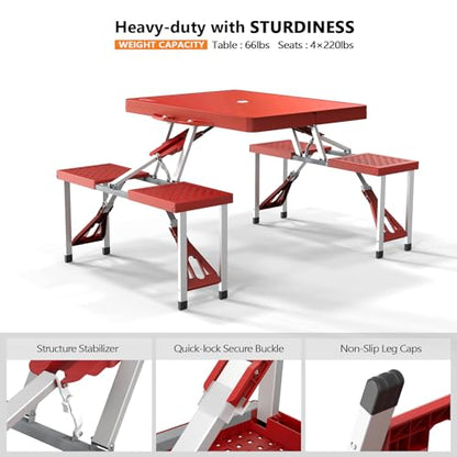 VINGLI 4 Ft Portable Folding Picnic Table Camping Table Foldable Set with 4 Seats with Umbrella Hole Suitcase Card Table-220 Lbs Support Aluminum Frame, Plastic RV Tabletop for Yard, Travel - color: Red