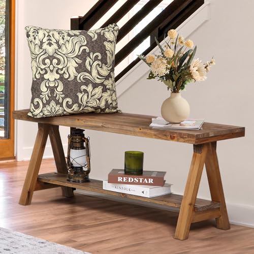 Wnutrees 43" Farmhouse Solid Wood Bench, Rustic Indoor Storage Bench | Entryway Seat for Living Room, End of Bed, Hallway, Original Natural Wood Finish, Sturdy Construction - size: 43" wood bench