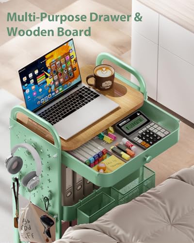 ALVOROG 3 Tier Metal Rolling Cart with Drawer,Wood Top,Pegboards,Green | Storage Utility Cart with Drawers,Pegboards,Lockable Wheels,Baskets,Hooks for Kitchen,Office,Bedroom,DIY Supplies - color: Green