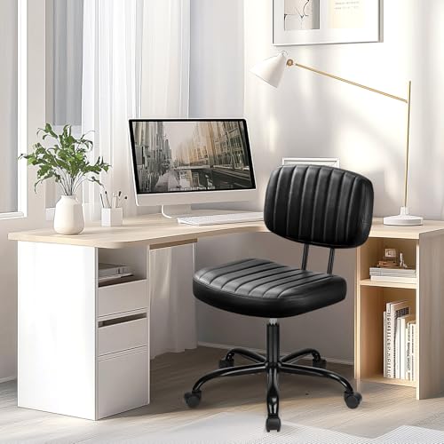 HealSmart Small Office Desk Chair with Wheels, Armless Desk Chair with Lumbar Support, PU Leather Low Back Adjustable Height 360° Rolling Swivel Task Chair Without Arm for Home, Bedroom,Office, Black
