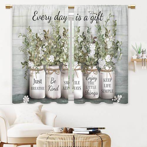 Green Leaves Eucalyptus Inspirational Kitchen & Bathroom Curtains - Rustic Flower Quotes, Farmhouse Floral Cafe Style - 27.5x39 Inch - color: A4 Green Botanical, size: 27.5"W x 39"L (Pack of 2)