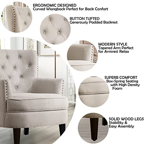 Rosevara Atlas Mid-Century Modern Accent Chair - Upholstered Tufted Armchair with Soft Cushion for Living Room, Bedroom & Small Spaces - color: Velvet Natural Beige