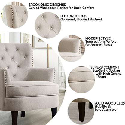 Rosevara Atlas Mid-Century Modern Accent Chair - Upholstered Tufted Armchair with Soft Cushion for Living Room, Bedroom & Small Spaces - color: Velvet Natural Beige