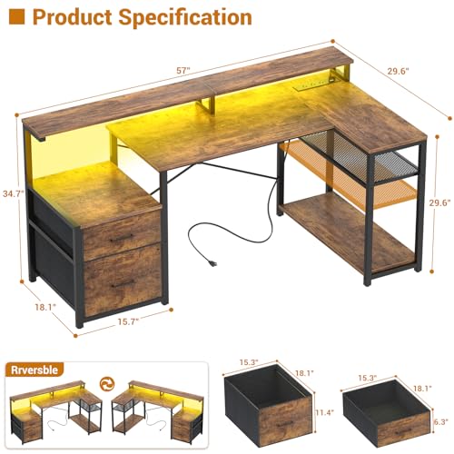 Aheaplus L Shaped Desk with File Drawer, Reversible L Shaped Computer Desk Gaming Desk with Power Outlet & LED Strip, Home Office Desk Corner Desk with Monitor Shelf, Storage Shelves, Rustic Brown - color: Rustic Brown1