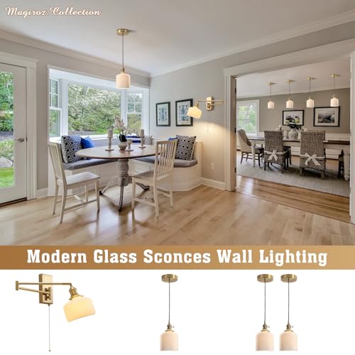 Swing Arm Wall Sconce 2-Pack, Brass Milk Glass Shade, 17.7" | Pull chain, E26 base, bedside vanity bathroom, mid century wall light - color: B-2Pack