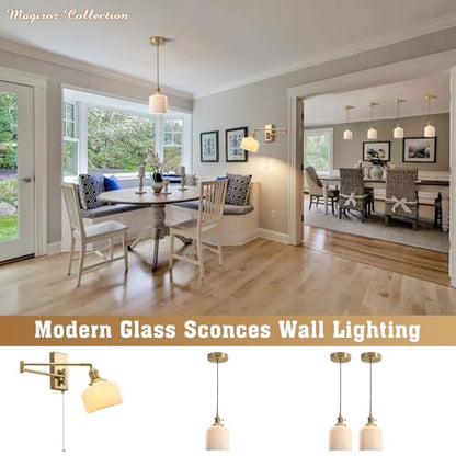 Swing Arm Wall Sconce 2-Pack, Brass Milk Glass Shade, 17.7" | Pull chain, E26 base, bedside vanity bathroom, mid century wall light - color: B-2Pack