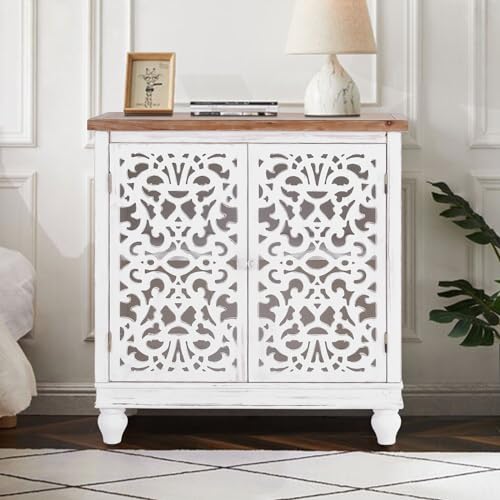 PHI VILLA Accent Cabinet with Doors, Carved Buffet Cabinet with Storage | Farmhouse Accent Cabinet with doors, Small Carved Buffet Cabinet with Storage, End Tables, for Entryway - color: White, size: 2 Door