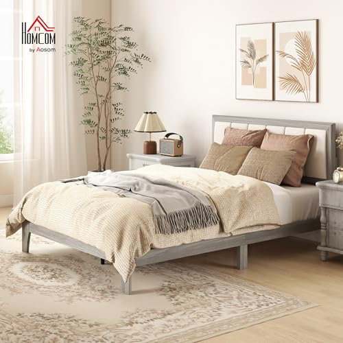 HOMCOM Full Size Bed Frame, Upholstered Headboard, Wooden Slats, Gray | Platform Bed Frame, No Box Spring Needed, Easy Assembly - size: Full
