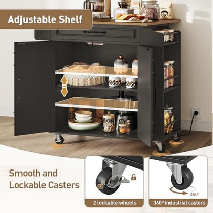 Kitchen Island with Power Outlets & Drop Leaf, Rolling Kitchen Cart on Wheels, Kitchen Storage Island with Spice Rack and Drawer for Kitchen, Dinning Room, Black and Rustic Brown - color: Black + Rustic Brown