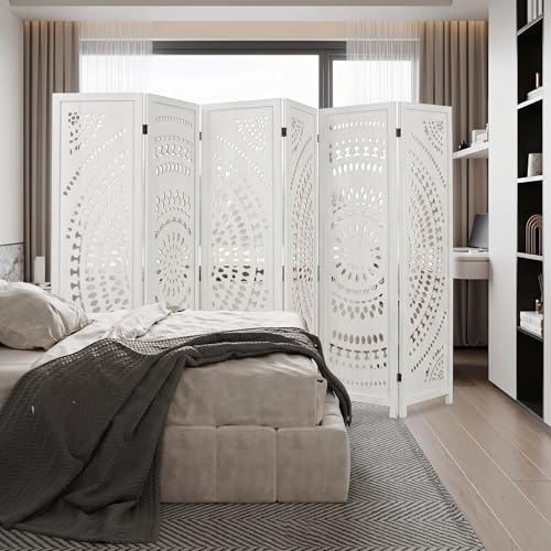 6 Panel White Room Divider, 67 Inch Wood Carved Privacy Screen, Bohemian Style Folding Room Divider, Portable Partition Wall Divider for Room Separation (White)