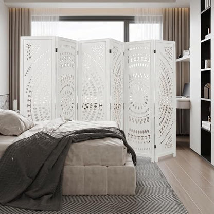 6 Panel White Room Divider, 67 Inch Wood Carved Privacy Screen, Bohemian Style Folding Room Divider, Portable Partition Wall Divider for Room Separation (White)