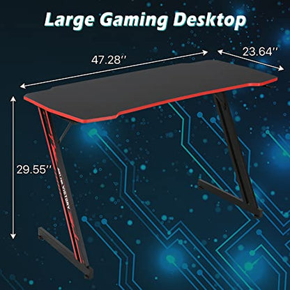 47 inch Gaming Z-Shaped Computer Desk PC Computer Table Home Office Desk Ergonomic Gamer Workstation with Headphone Hook, Red - color: Red, size: 47 Inch
