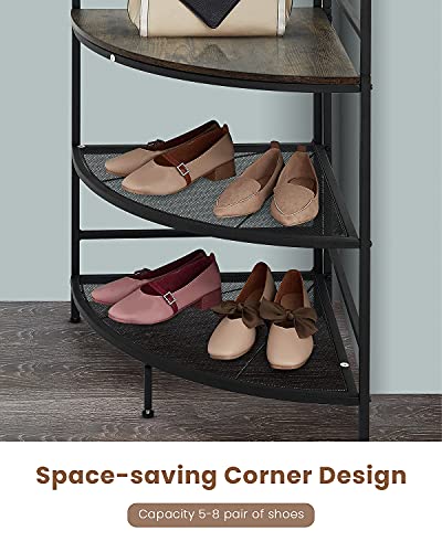 Recaceik Corner Coat Rack, Multifunctional Entryway Corner Shoe Rack with 8 Metal Double Hooks and Storage Shelf, Freestanding Corner Hall Tree Stand Storage for Living Room, Office, Rustic Brown