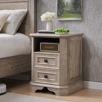 T4TREAM Farmhouse Nightstand with Charging Station, 18" End Table with 2 Drawers, Wood Side Table, Bedside Cabinet for Bedroom, Living Room (Light Rustic Oak) - color: Light Rustic Oak