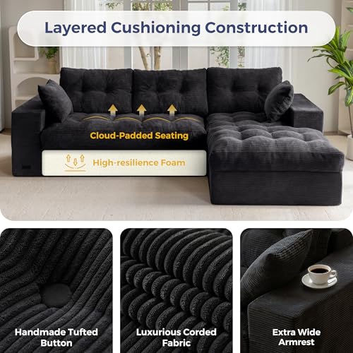 MAXYOYO Boneless Couch, 104-Inch L-Shaped Cloud Couch with Ottoman | Black Upholstered Sofa Features Layered Cushions and Flexible Modules with No Assembly, Ideal for Modern Living Rooms. - color: Black, size: 104" L Shape