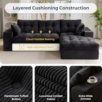 MAXYOYO Boneless Couch, 104-Inch L-Shaped Cloud Couch with Ottoman | Black Upholstered Sofa Features Layered Cushions and Flexible Modules with No Assembly, Ideal for Modern Living Rooms. - color: Black, size: 104" L Shape