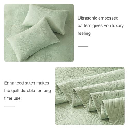 WURUIBO King/Cal King Quilt Set Sage Green,Ultrasonic Embossed Bedspread, Lightweight Microfiber Coverlet, Modern Thin Bedding Set for All Season, 3 Piece(1 Quilt,2 Pillow Shams) - color: Sage Green, size: King/Cal King(96"x110")