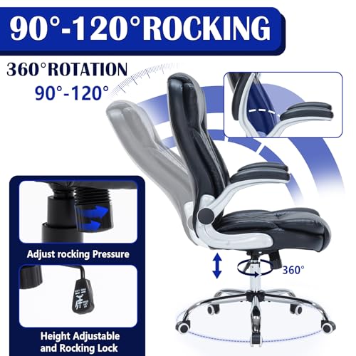 400lbs Executive Office Chair with Flip-Up Armrests, Big and Tall Computer Chair for Heavy People, Heavy Duty Ergonomic Comfy Chair, Breathable PU Leather (Black) - color: Black