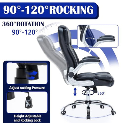 400lbs Executive Office Chair with Flip-Up Armrests, Big and Tall Computer Chair for Heavy People, Heavy Duty Ergonomic Comfy Chair, Breathable PU Leather (Black) - color: Black