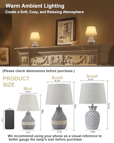 UMEXUS 10" Small Ceramic Cordless Table Lamp, Rechargeable Battery, Coastal | Timer, Dimmer, Linen Shade, Remote Control RGB & Warm Lights, Farmhouse Home Decor Kitchen Counter Living Room Side Table - size: 10"H Mini - Rope accent design