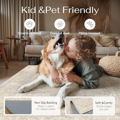 4x6 Beige Washable Area Rug for Office Vintage Distressed | Neutral, Non Slip, Soft Low Pile, Accent Rug for Bedroom, Kitchen, Entryway, Indoor Home Decor - color: Beige, size: 4' x 6' (Rectangular)