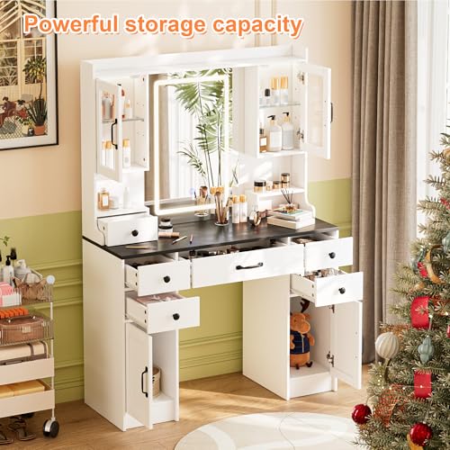 Vanity Desk with Mirror and LED Lights & Power Outlet | Large Makeup Vanity Table with 5 Drawers and 4 Storage Cabinets, White Dressing Table for Bedroom - size: 044 White
