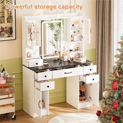 Vanity Desk with Mirror and LED Lights & Power Outlet | Large Makeup Vanity Table with 5 Drawers and 4 Storage Cabinets, White Dressing Table for Bedroom - size: 044 White
