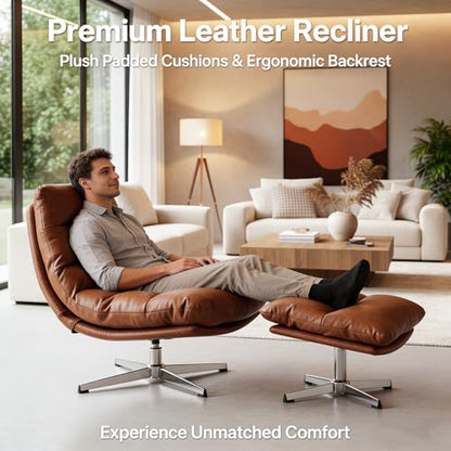 HNY Brown Swivel Lounge Chair with Ottoman Modern PU Leather Accent Chair with Footrest 33'' Wide Oversized Armless Upholstered Reading Chair with Footstool for Living Room Bedroom Comfy - size: 1 SET