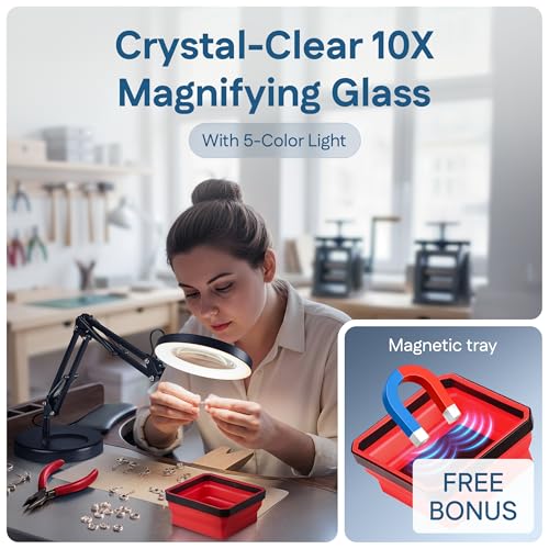 10X Magnifying Lamp - Desk Magnifying Glass with Light, Lighted Magnifying Glass with Stand, Magnifying Light, 5 Color Modes, 2 Mounting Options, USB Cable, Adapter & Magnetic Tray, Black - color: Black