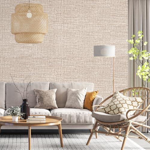 Khaki Grasscloth Peel and Stick Wallpaper 17.3"x120" Faux Linen Textured Contact Paper Removable Self Adhesive Vinyl Wallpaper for Bedroom Bathroom Kitchen Cabinets - color: Khaki, size: 17.3" x 120"