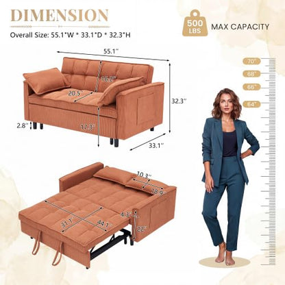 Sleeper Sofa Bed with Adjustable Backrest & Side Pockets, Orange | Adjustable Backrest & Side Pockets,Pull Out Sofa,Comfortable Fabric - color: S-orange-k9