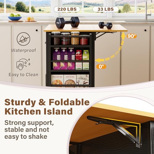 YESHOMY Kitchen Island on Wheels with Trash Cabinet, 56" Mobile Cart with Drop Leaf and Drawers, Rolling Portable Table with Spice Rack & Towel Holder for Dining Room, Black & Oak - color: Black & Oak