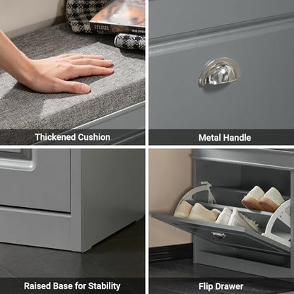Haotian Grey Hallway Shoe Bench, Narrow Shoe Rack with Adjustable Shelf, Small Shoe Cabinet with 1 Flip-Drawer and Seat Cushion, FSR82-K-HG - color: Grey, size: 1 Drawer:24x9.4x20"