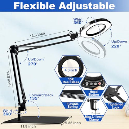 15X Magnifying Glass with Light and Stand, 2-in-1 Lighted Magnifying Desk Lamp Dimmable Magnifier Lamp with Light and Clamp Long Arm 84PCS LED Beads Real Glass Lens for Work Close Work Hobby - size: Stand & Clamp