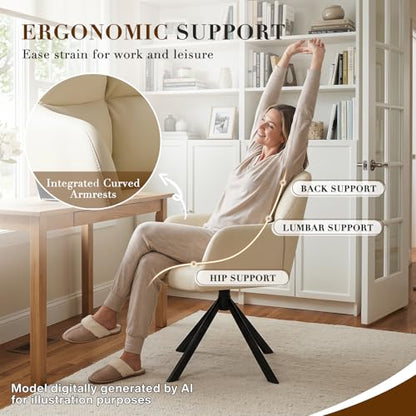 EALSON Comfy Leather Desk Chair Modern Computer Task Chair no Wheels Swivel Accent Chair with Mid Back Arm Chair for Living Room/Bedroom/Home Office, PU Beige - color: Beige