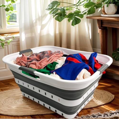 SAMMART 42L (11 gallon) Collapsible Plastic Laundry Basket - Foldable Pop Up Storage Container/Organizer - Space Saving Hamper/Basket (1, White/Steel Gray) - color: White/Steel Gray